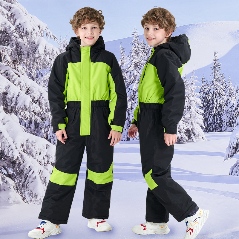 外贸新款儿童冬季滑雪服跨境男童冲锋衣户外运动收腰连体滑雪套装