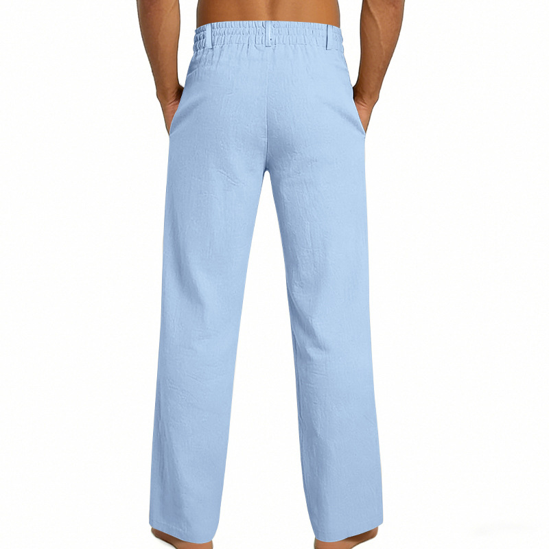 Men's Solid Color Linen Pants Simple Loose Fit High End Straight Leg Casual Midweight Polyester Long Trousers_viptrois.com