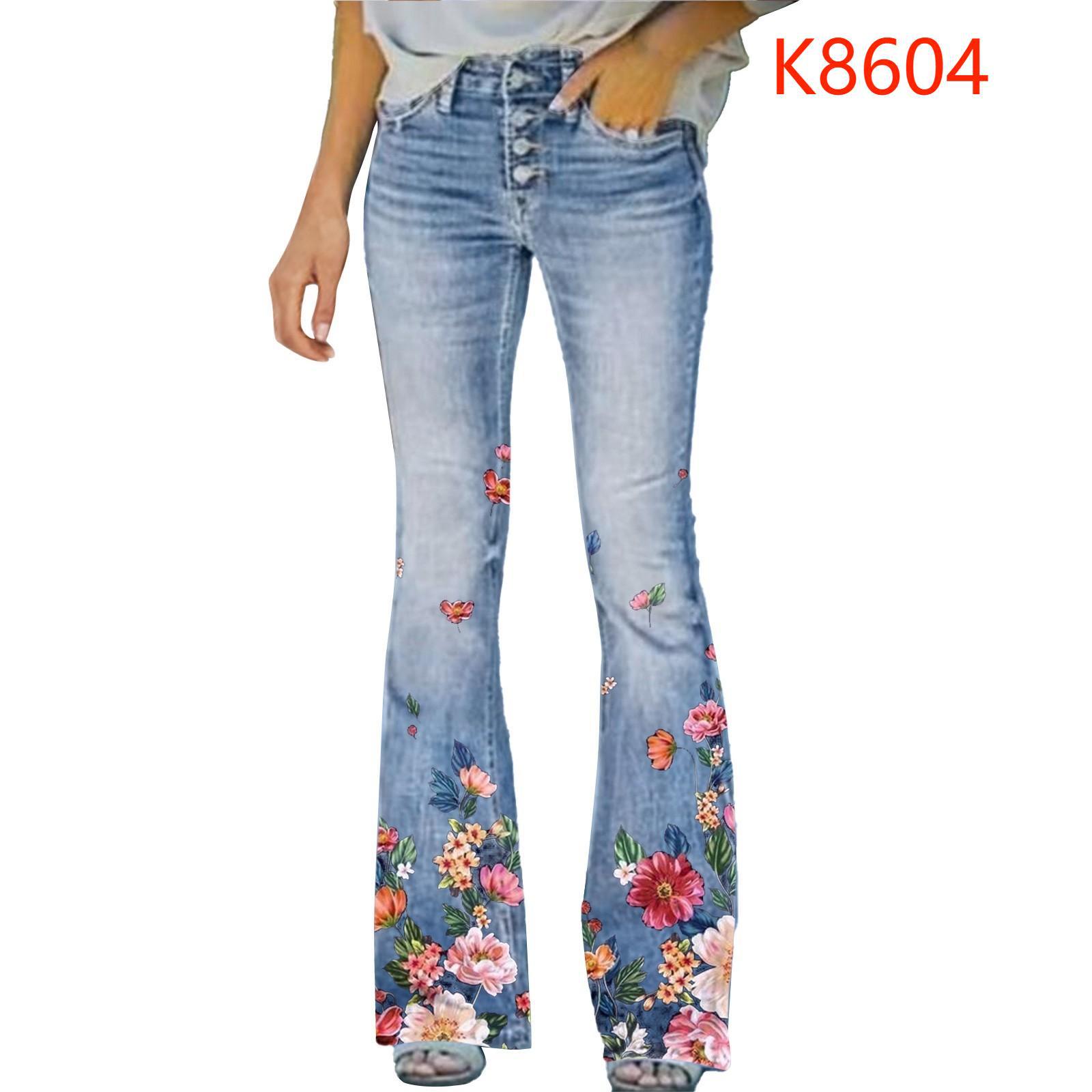 Women's clothing temperament slim micro digital printed imitation denim trousers thin_voghion.com