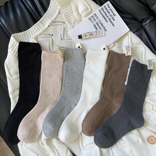 Spring and Autumn Women's Piled Socks Solid Color Vertical Strip Heel Cloth Label Mid-Tube Socks Comfortable Casual Fashion All-Match Socks
