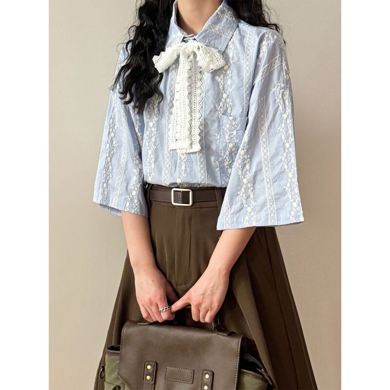 Shanli Dadi Design Lace Tie Shirt for Spring and Autumn, Brightening and Fresh Blue Printed Striped Forest Style Top