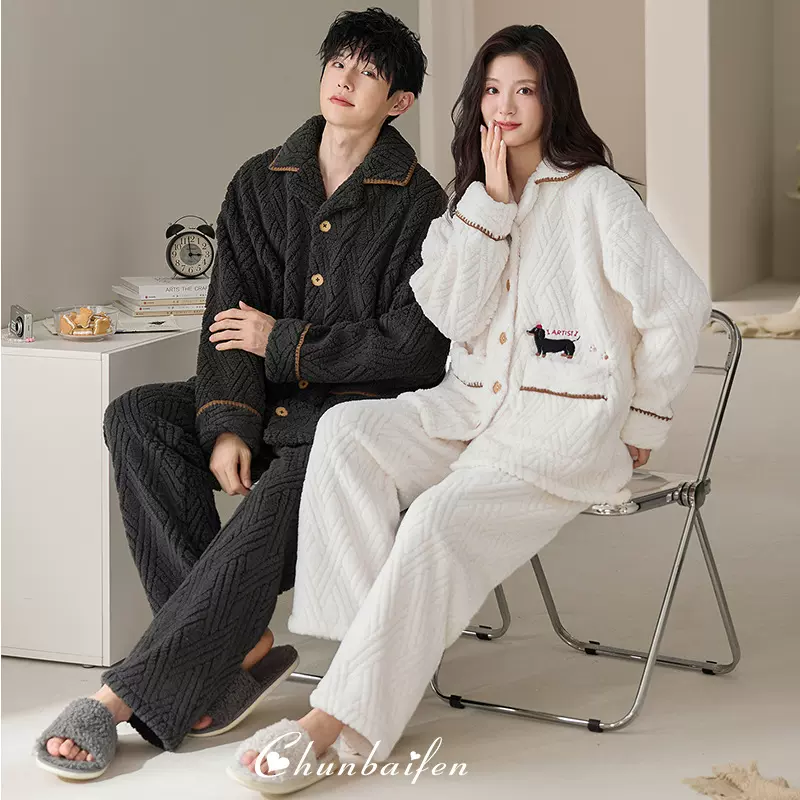 珊瑚绒情侣睡衣冬季2024年新款加绒加厚保暖法兰绒冬款家居服套装