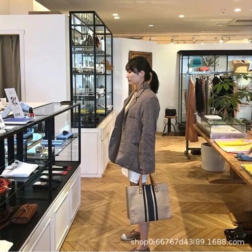 Korean Women's Handbag Suitcase Business Commute Striped Simple Single Shoulder Large Capacity Linen Bag
