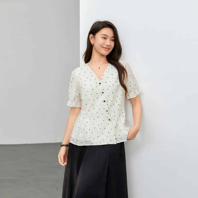 [Интеллектуальная и элегантная рубашка из лиоцелла во французский ретро-горошек] Тонкая и яркая женская рубашка больших размеров, летний новый стиль