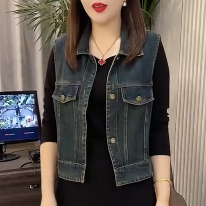 2025秋季新款經典懷舊時尚休閒無袖翻領牛仔馬甲背心夾克外套女