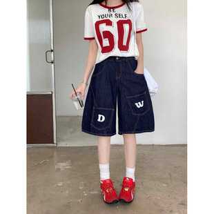 Real Shot of Plus Size American Street Style Washed Vintage Multi-Pocket Denim Shorts for Women, Loose Wide-Leg Mid-Length Shorts