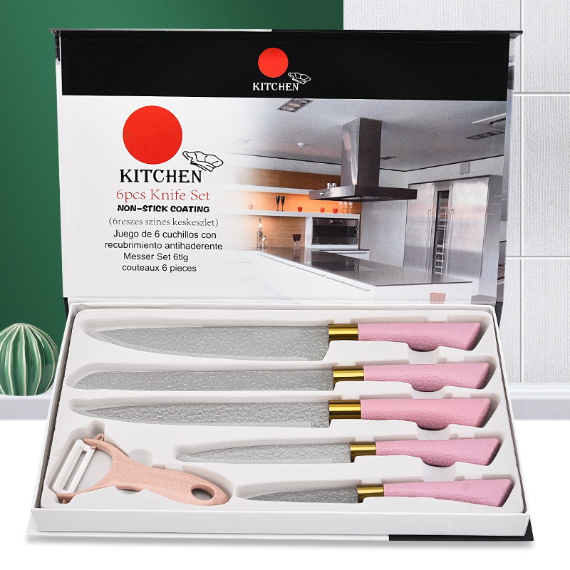 Cuchillo de acero inoxidable cuchillo de cocina mango de herradura patrón de martillo con asiento de cuchillo de pan de seis piezas cuchillo de fruta combinación traje de cuchillo