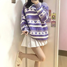 2025春秋季女圆领爱心图案宽松套头毛衣小清新休闲韩版时尚