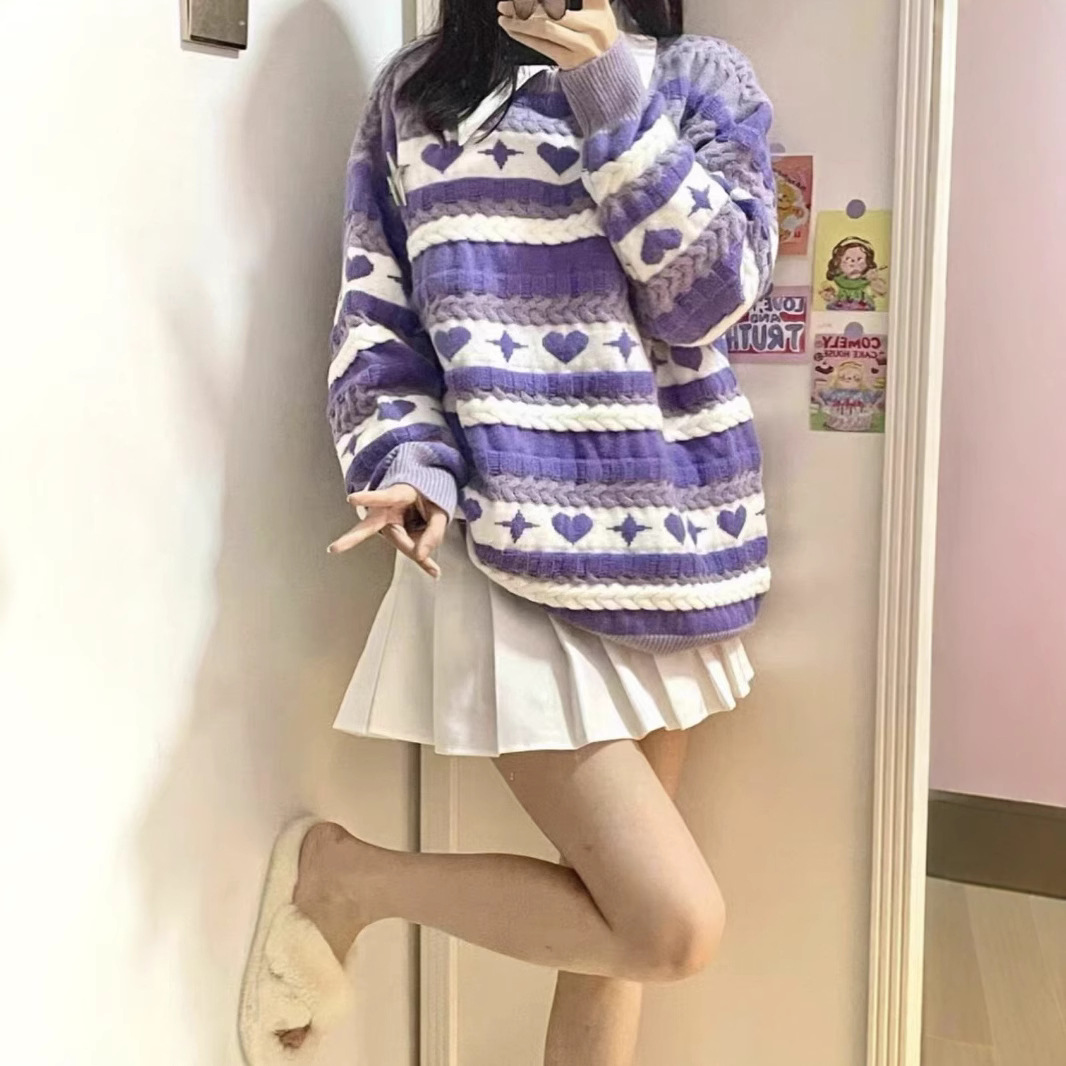 2025春秋季女圆领爱心图案宽松套头毛衣小清新休闲韩版时尚