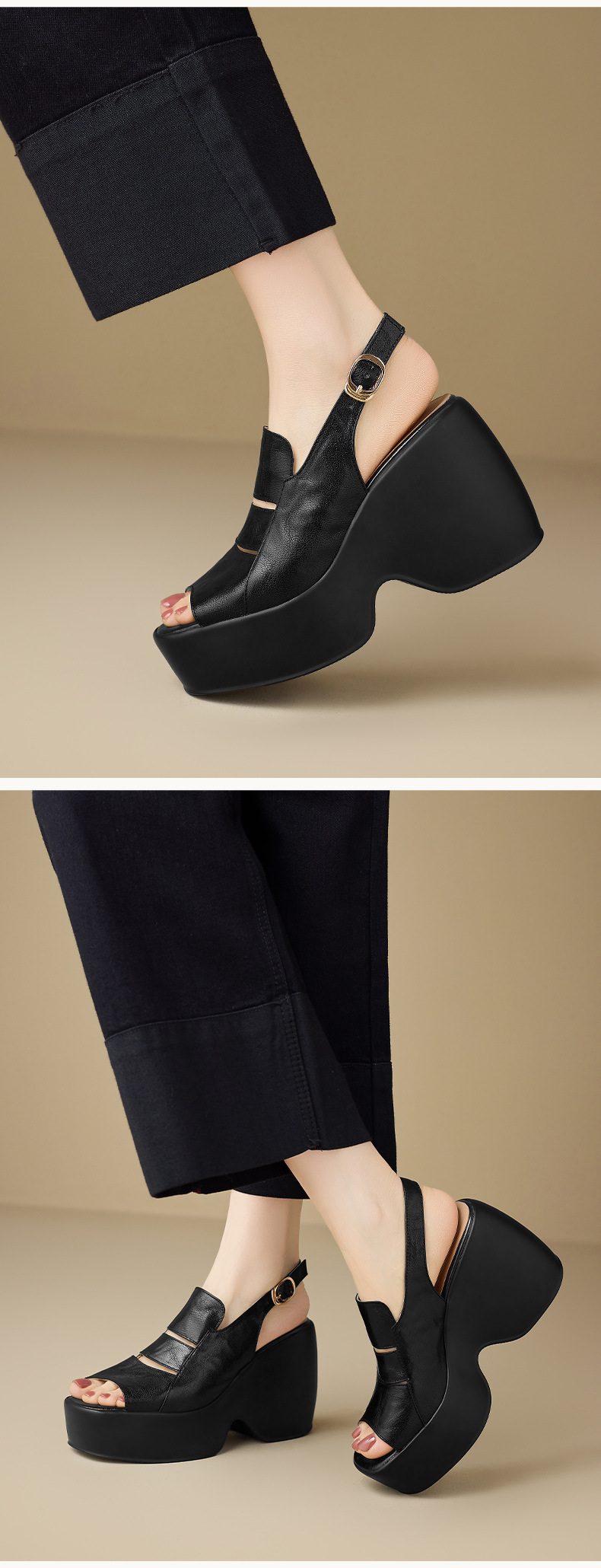 Sandal cao gót nữ đế xuồng mũi hở da cừu — màu đen, màu trắng ngà chi tiết 9
