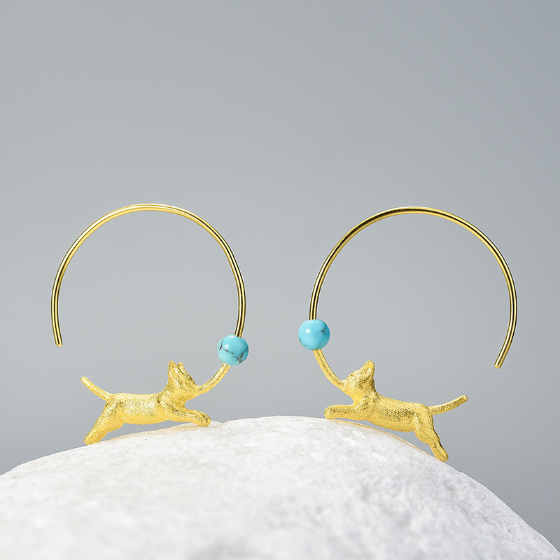 Produced by Yuanjiao, Where Is There a Cat That Doesn’T Play with the Ball? S925 Sterling Silver Natural Turquoise Lapis Lazuli Earrings, Fun and Cute Pets