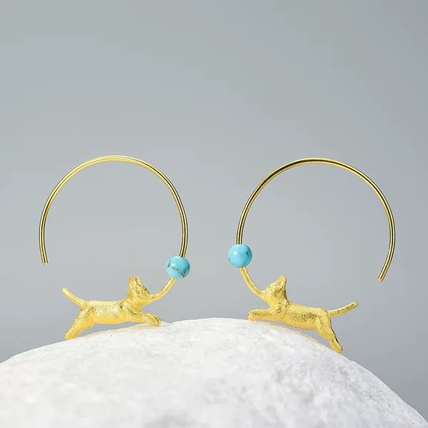 Produced by Yuanjiao, Where Is There a Cat That Doesn’T Play with the Ball? S925 Sterling Silver Natural Turquoise Lapis Lazuli Earrings, Fun and Cute Pets