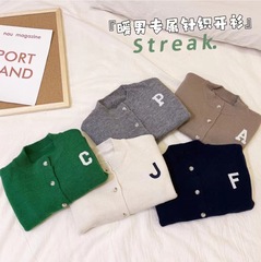 Cross-border Spring New Arrival Trend Brand Children's Alphabet Solid Color Knit Cardigan Boys' Casual Sweatshirt Outerwear