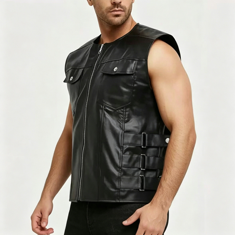 Cross-Border Men's Pu Leather Vest European and American Motorcycle Riding Vest Jacket with Pocket Decoration and Side Belt Vest Cross-Border Men's Pu Leather Vest European and American Motorcycle Riding Vest Jacket with Pocket Decoration and Side Belt Vest