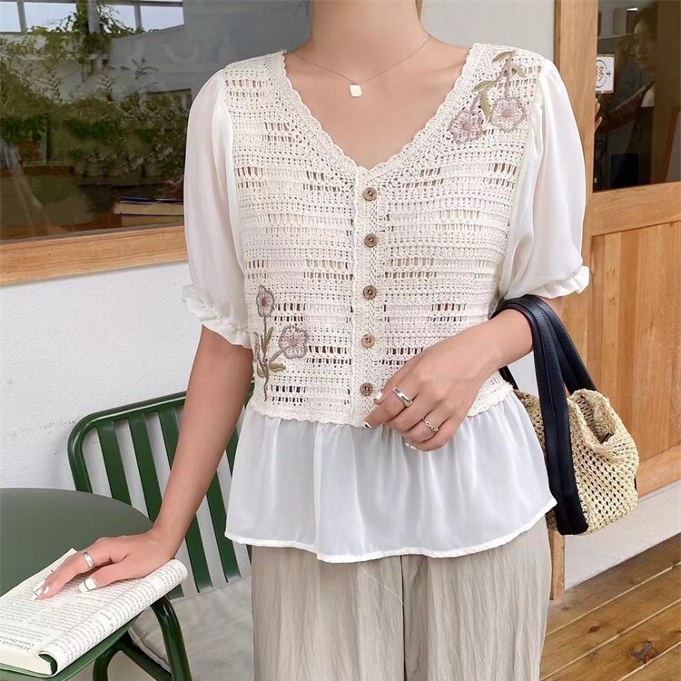 Chiffon lace knitted pullover short sleeve embroidered hollow women's top summer thin Bohemian ethnic style