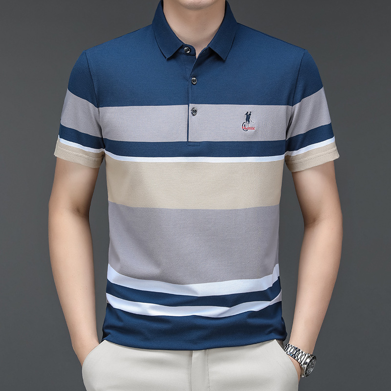 Cross-border exclusive for 2025 summer new striped lapel polo shirt short sleeve business men's casual T-shirt men's top