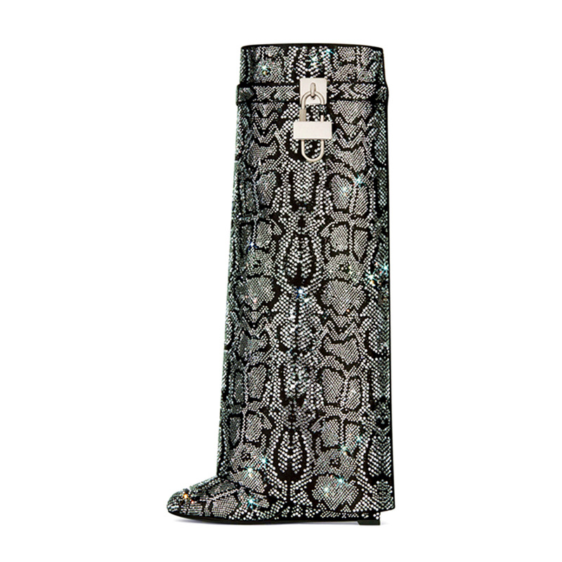 2023 Autumn and Winter New Style Gypsophila Encrypted Rhinestone Boots Pointed Toe Wedge Cross-Border Foreign Trade Women's Large Size High Heel Boots