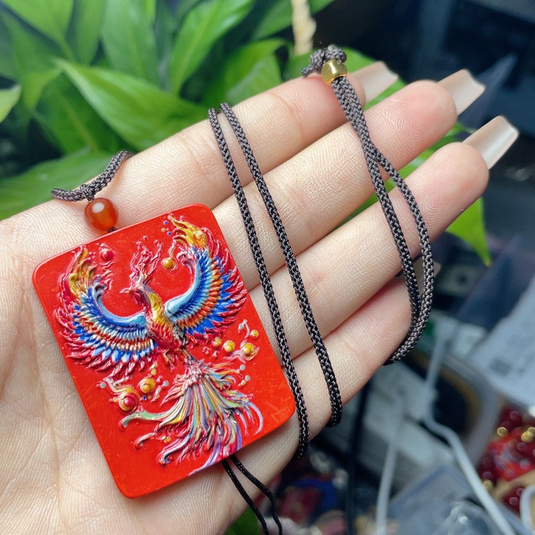 CINNABAR PAINTED PHOENIX PENDANT RED SAND PHOENIX YU FEI XIANGYUN 펜던트 브닝 니언 목걸이 스퀘어 브랜드