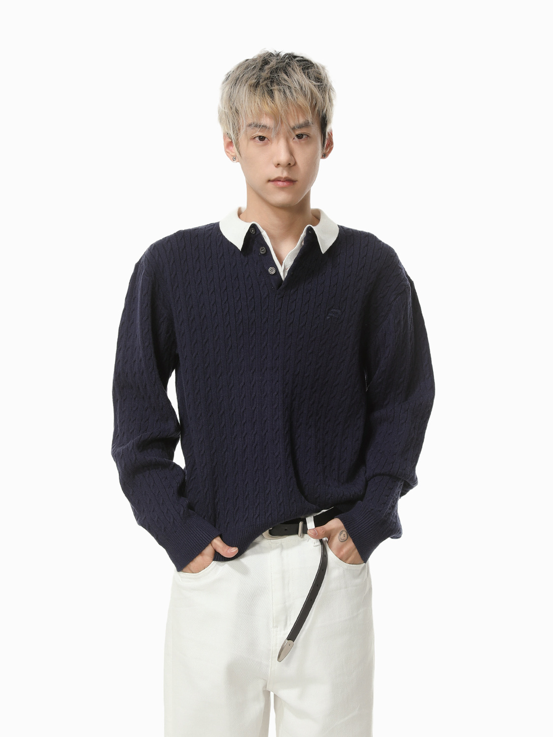 MTLCLOTHES Hombres| El estilo de la vieja ventana retro empalme solapa contraste color torcido textura de manga larga jersey