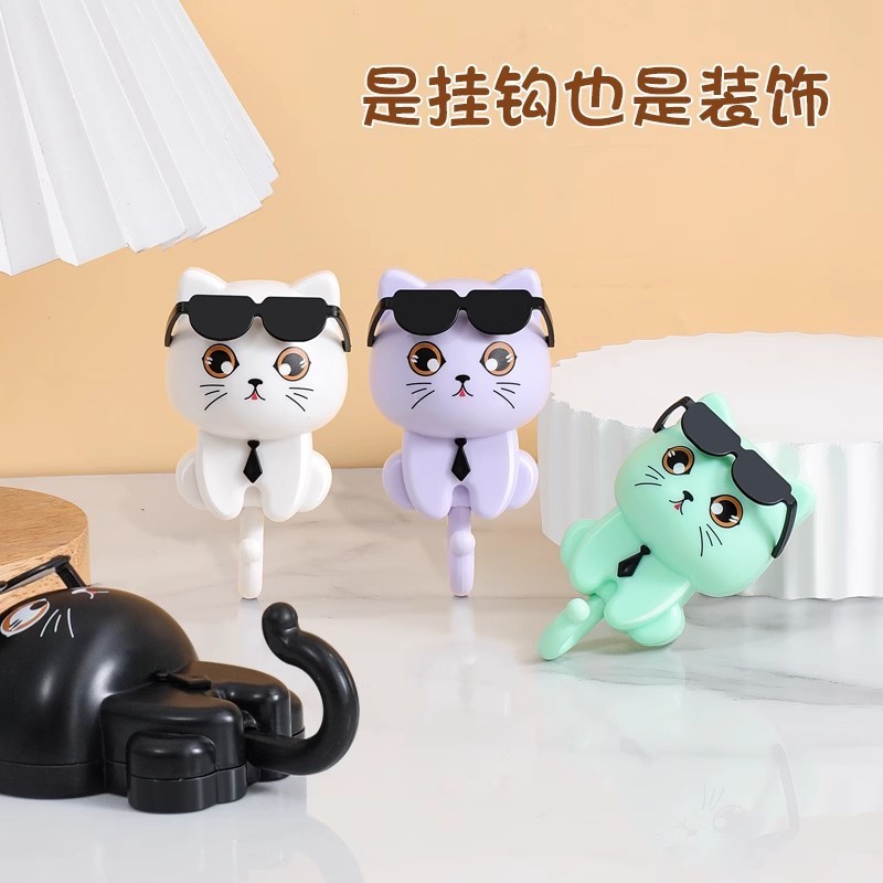 创意卡通衣钩钥匙卡通可爱黑猫衣帽粘钩免孔强力眼睛转动猫咪挂钩|undefined