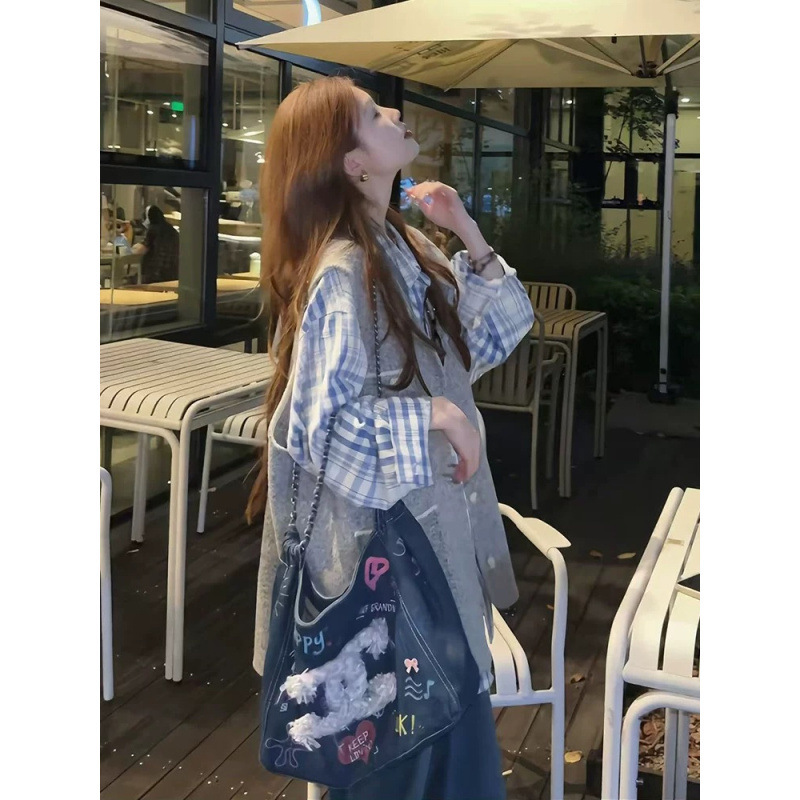 高个慵懒周末 大版阔型设计感格纹衬衫慵懒宽松开衫格子长袖+马甲|undefined