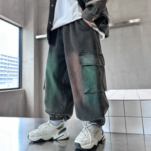 Boys' gradient Denim overalls pants 2024 new big children's high street fashion brand spring and autumn toe pants pants autumn