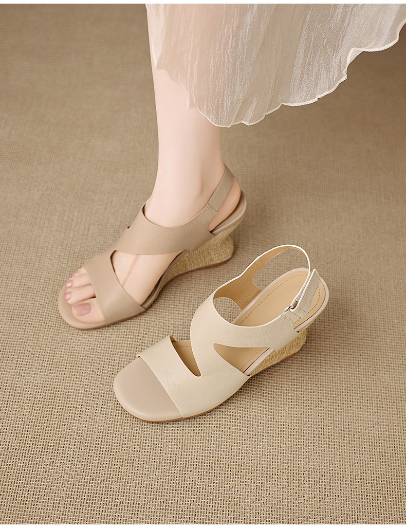 Sandal cao gót nữ quai ngang mũi hở chất liệu da cừu, đế cao gót bọc cói, khóa dán tiện lợi — màu trắng ngà, màu mơ chi tiết 11