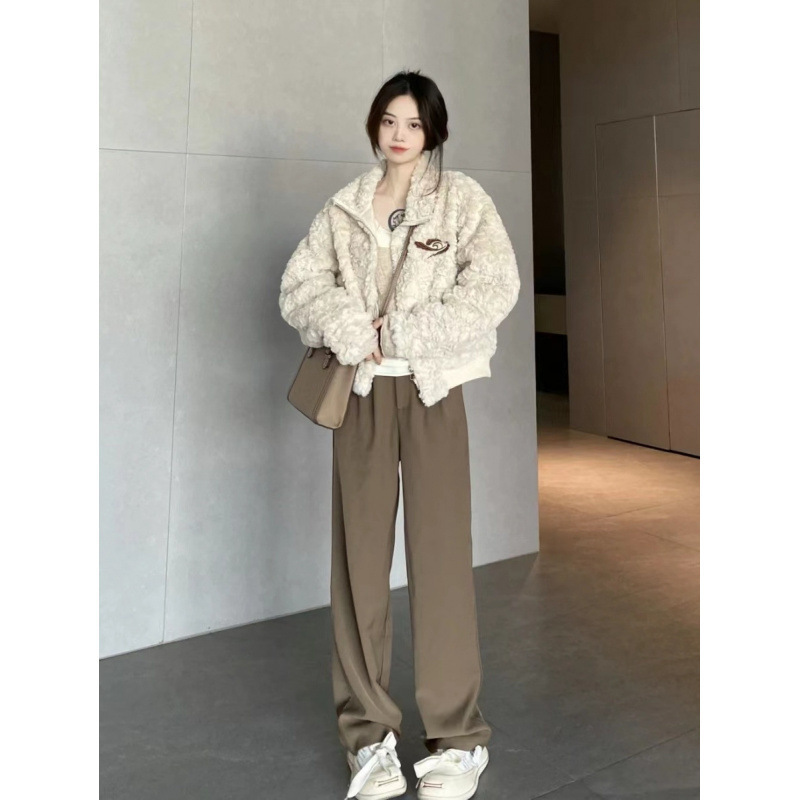 美式复古穿搭女装秋冬加厚新款短款刺绣外套夹克阔腿裤两件套装潮|undefined