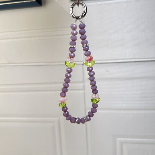 Creative and Stylish Amethyst Purple Crystal Embossed Tulip Short Handmade Beaded Bag Keychain Phone Chain