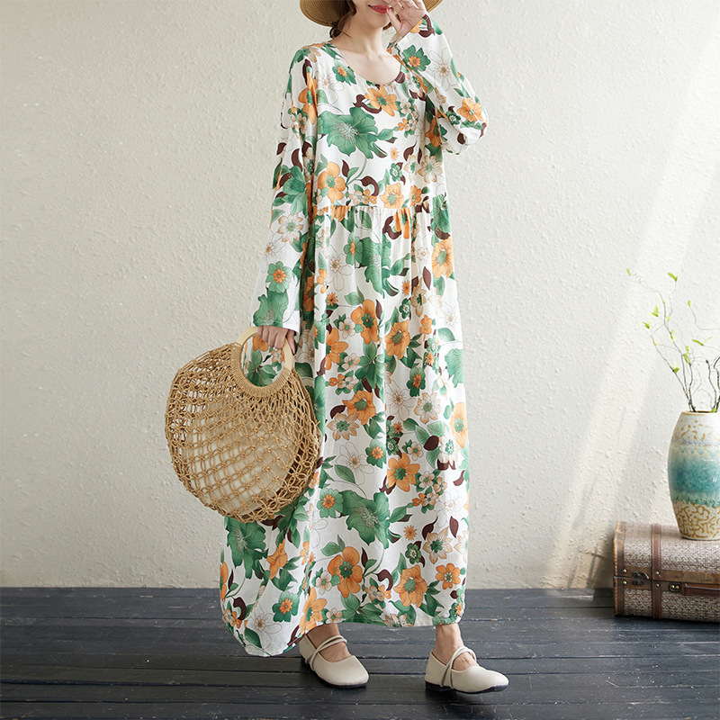 2024 Middle East Hot Selling Loose plus size Long Sleeve Women's Spring and Autumn Printed Loose Slimming Mother's Long dress