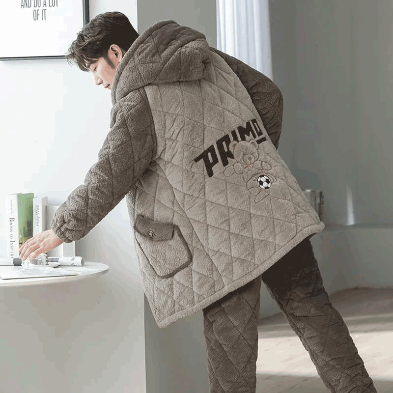 Three-Layer Quilted Pajamas for Men in Winter Fleece-Lined and Thickeneded Coral Velvet Cartoon Hooded Men's Home Wear Set That Can Be Worn Outside