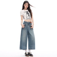 2026美式复古前贴袋结构设计七分宽松直筒牛仔裤女款支持一件代发