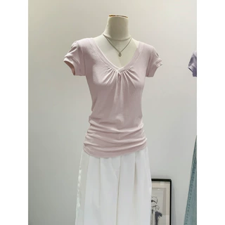 欧货莱赛尔天丝独特漂亮v领短袖T恤女夏新款褶皱显瘦设计感上衣