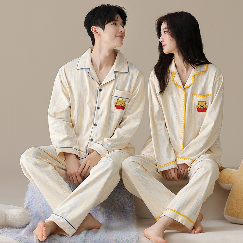 Factory Direct Sales Couple Pajamas 2025 Autumn and Winter New Long-Sleeved Lapel Cartoon Cute Home Clothes Suit Outer Wear