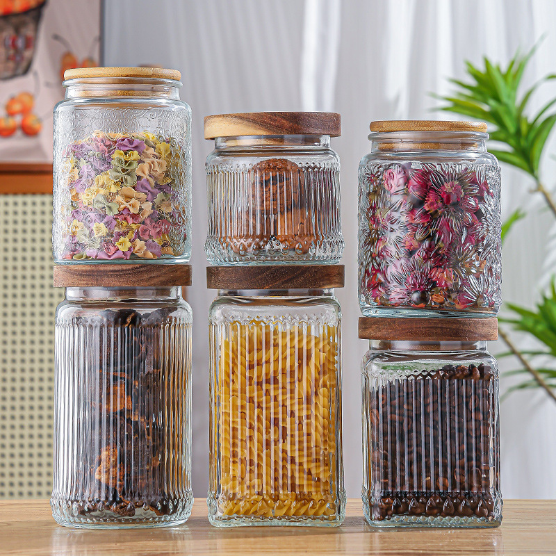 玻璃罐竖纹透明带盖杂粮储物罐密封防潮花茶叶坚果零食收纳玻璃瓶