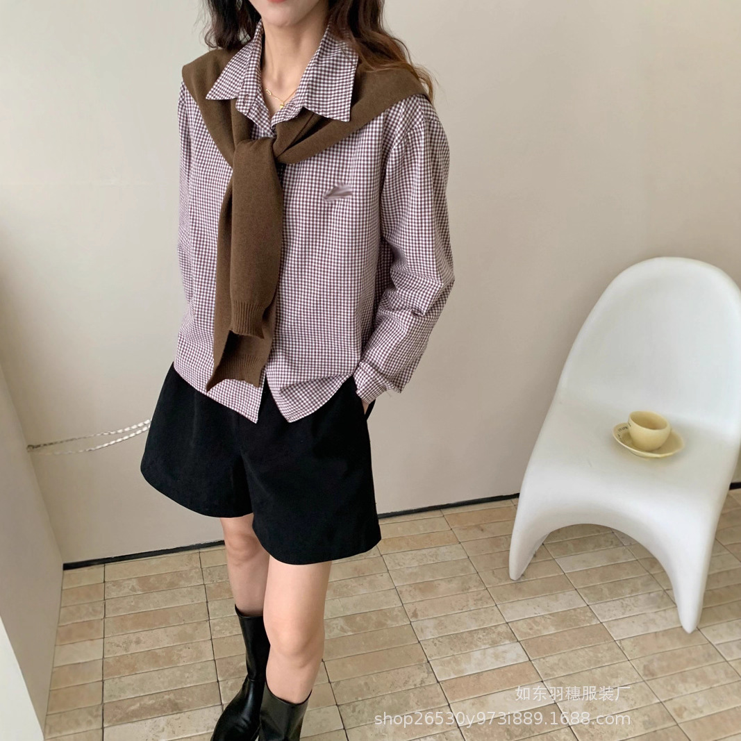 披肩两件套纯棉格子上衣女2025秋季韩系宽松休闲叠穿长袖衬衫K39