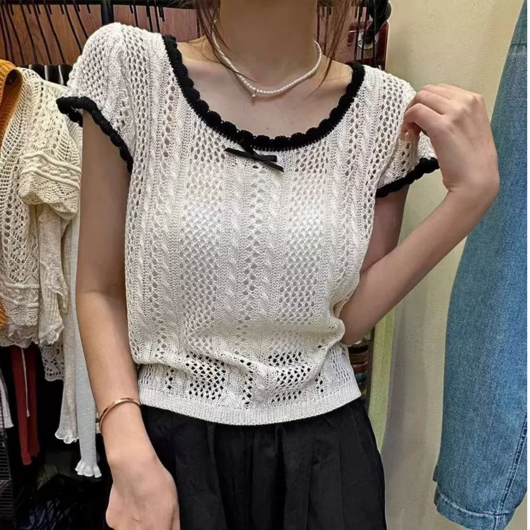 韩版复古小众设计感拼色镂空冰丝短袖针织衫女夏显瘦修身薄款上衣