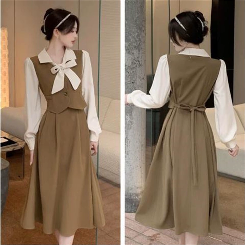 Платье-платье больших размеров во французском стиле ретро с бантом для женщин, весенне-осенняя юбка средней длины для полных девушек с талией, профессиональное собеседование