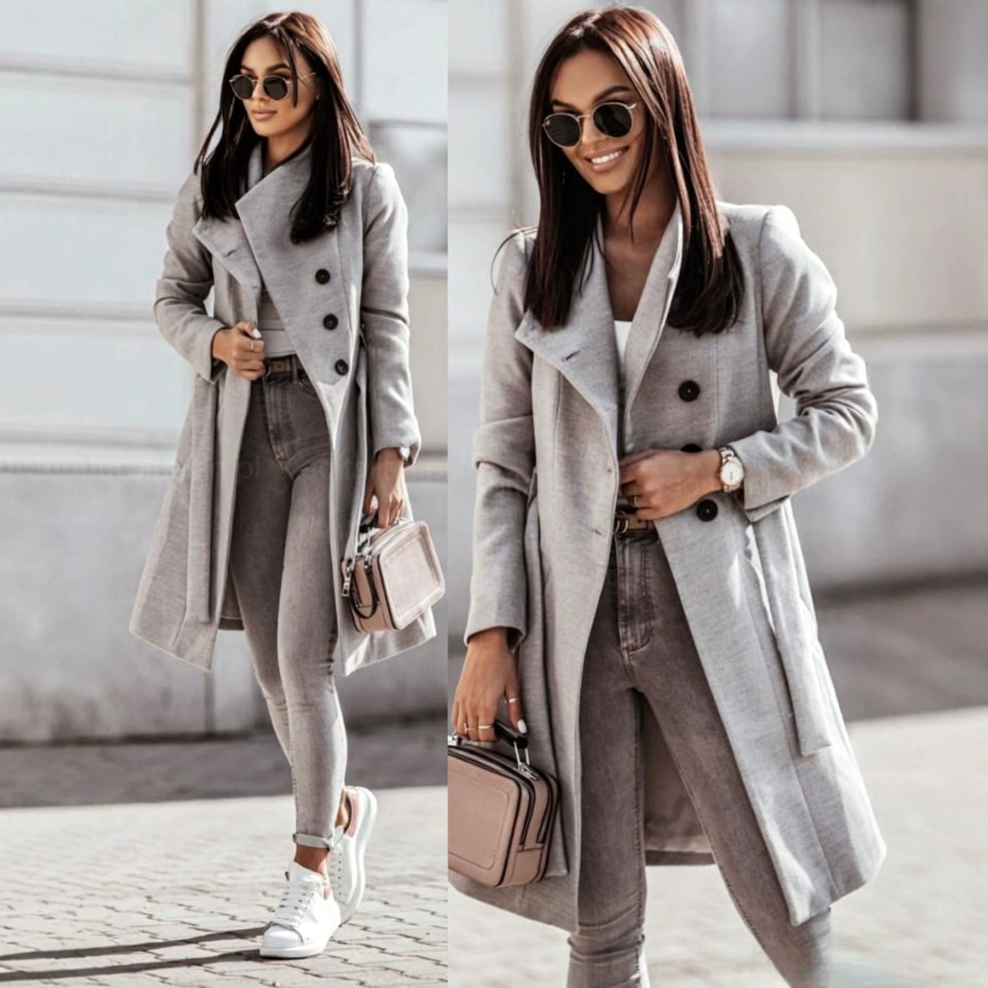 2026 Autumn/Winter European and American New Cross-Border Women's Clothing Amazon Woolen Coat Solid Color Tie-Up Mid-Length Woolen Jacket