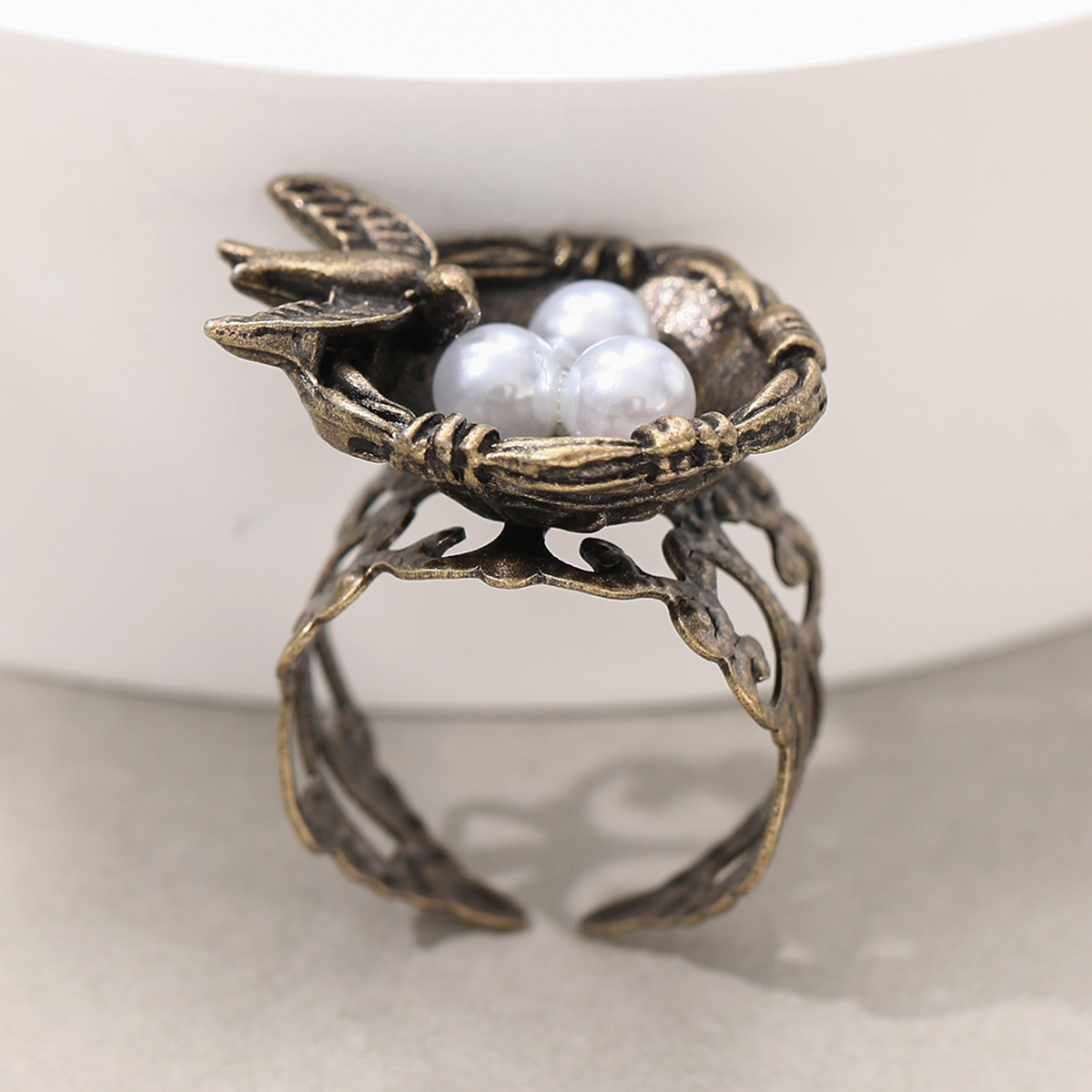 Cross-border Foreign Trade Fashion Vintage Bird's Nest Pearl Ring Women's Engagement Anniversary Jewelry Adjustable Ring