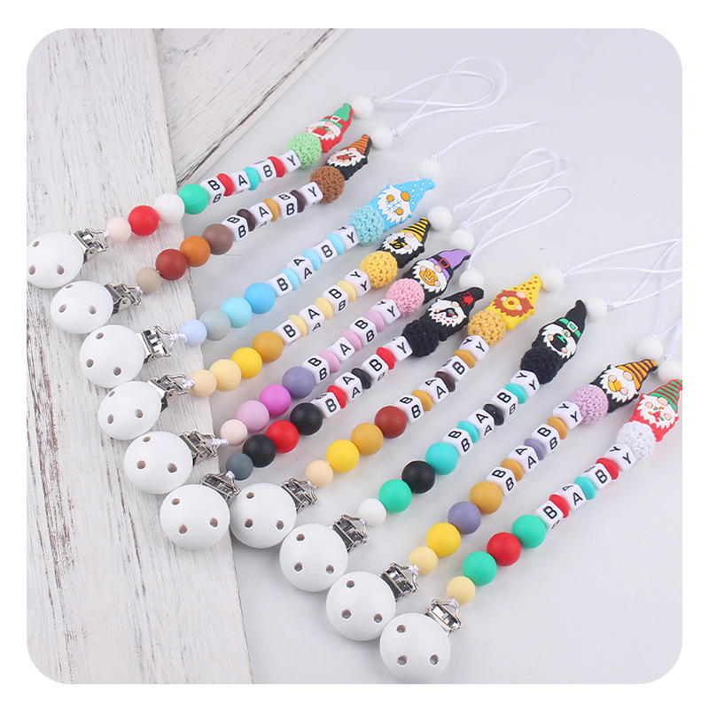 Nuevo BABY letras plásticas de madera chupeta clips Santa Claus silicona bebé pacificador chupeta cadena anti-caída cadena