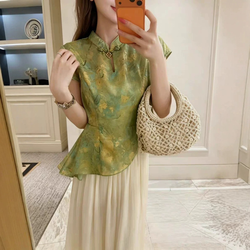 26096 National Style Jacquard Tie-Dye Buttoned Waist-Cinching Irregular Modified Cheongsam Top Qiqi