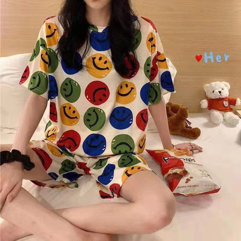 女性用夏の半袖パジャマ、キュートで甘い漫画の半袖プラスサイズのレディースレターガールホームウェア薄手のスーツ|undefined
