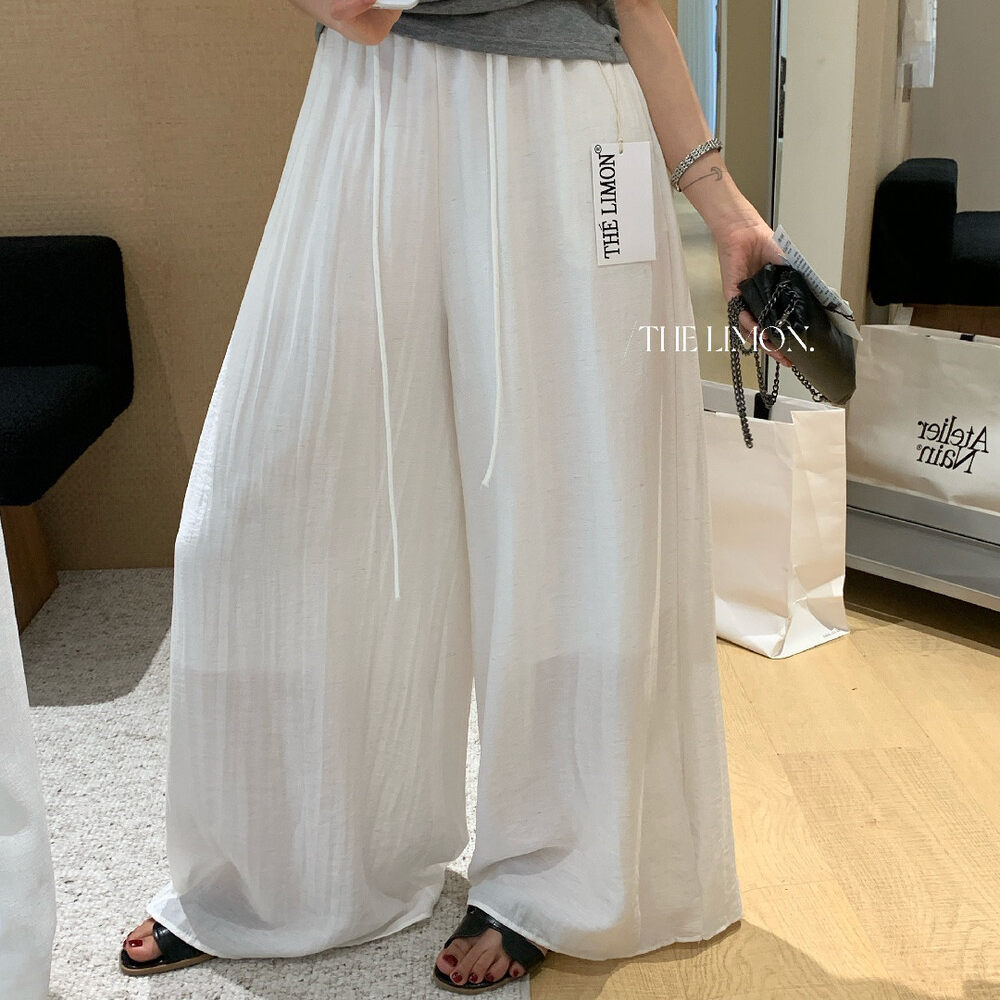 Quần culottes ống rộng cạp chun rút dây chất liệu linen mùa hè — Vàng nhạt, màu đen, trắng ngà, màu hồng