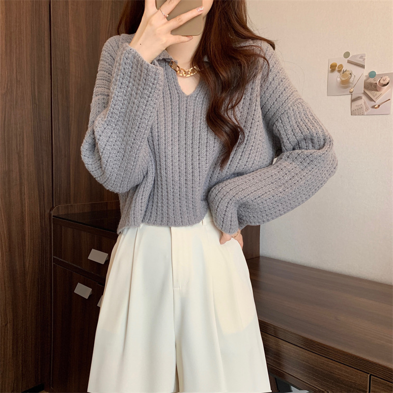 娃娃领白色短款毛衣女秋冬季设计感内搭v领小个子针织衫上衣|undefined
