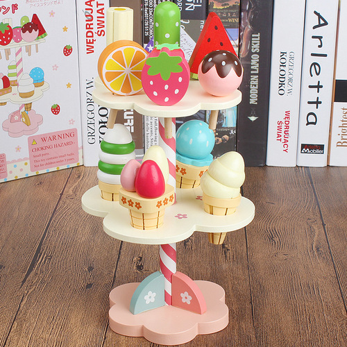 Wooden Children's Ice Cream Trolley Play Girl Mini Ice Cream Cart Toy Car Popsicle Sales Cart