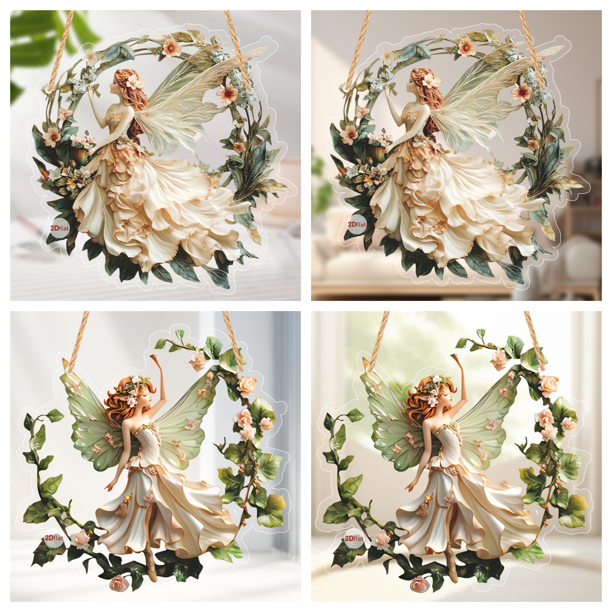 跨境清新甜美绿色花环带翅膀的精灵2D平面亚克力花园装饰品挂件