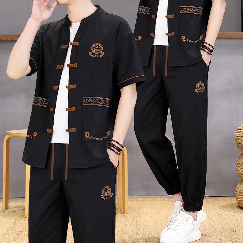 Summer Men's Suit Chinese Style Casual Cardigan Short-Sleeved Ethnic Style Men's Clothing Hanfu Retro Tang Suit Two-Piece Trendy Set