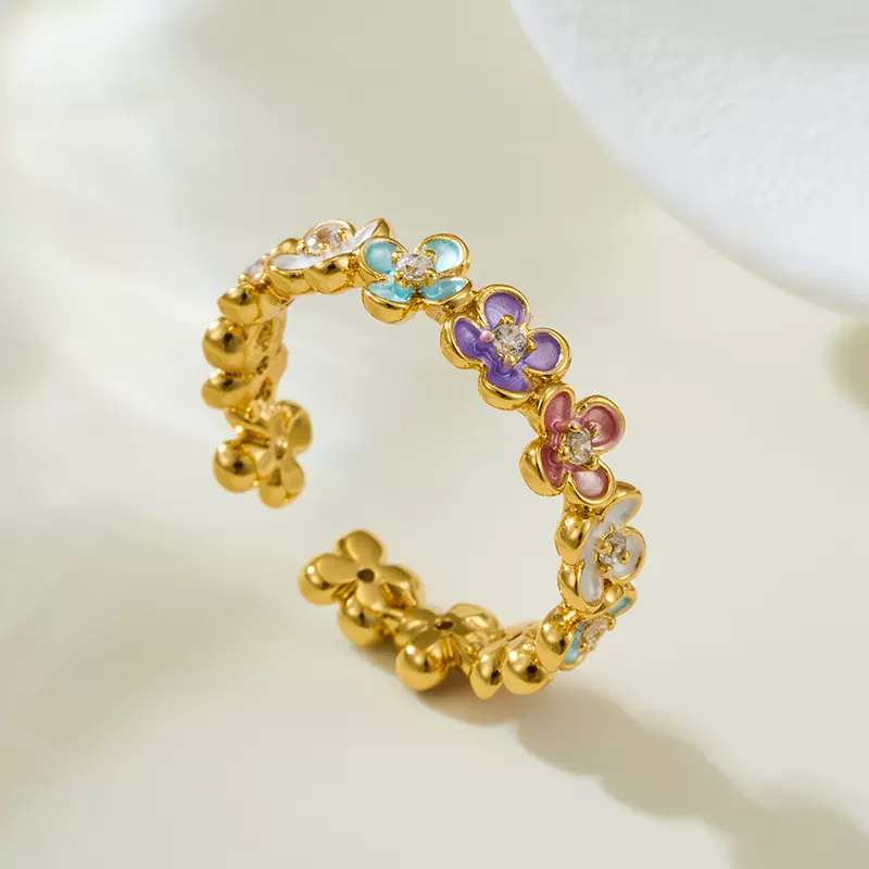 轻奢格调珐琅滴油花朵开口戒指原创时尚甜美精致指环可调节食指戒