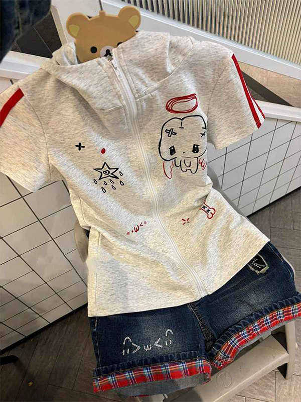 日本のかわいいウサギの耳フード付き半袖Tシャツレディース夏新作スリムフィットカジュアルジャケットトップス|undefined